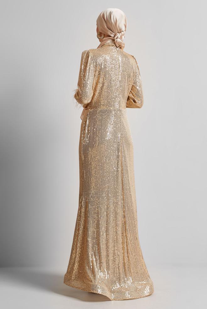 Tesettür giyim ALTIN PUL PAYETLİ ABİYE ELBİSE 50438 - ALVİNA