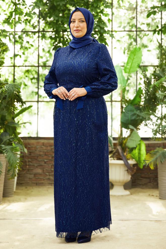 Vêtements hijab BLEU MARINE ROBE DE SOIRÉE CEINTURÉE 50442 - ALVİNA