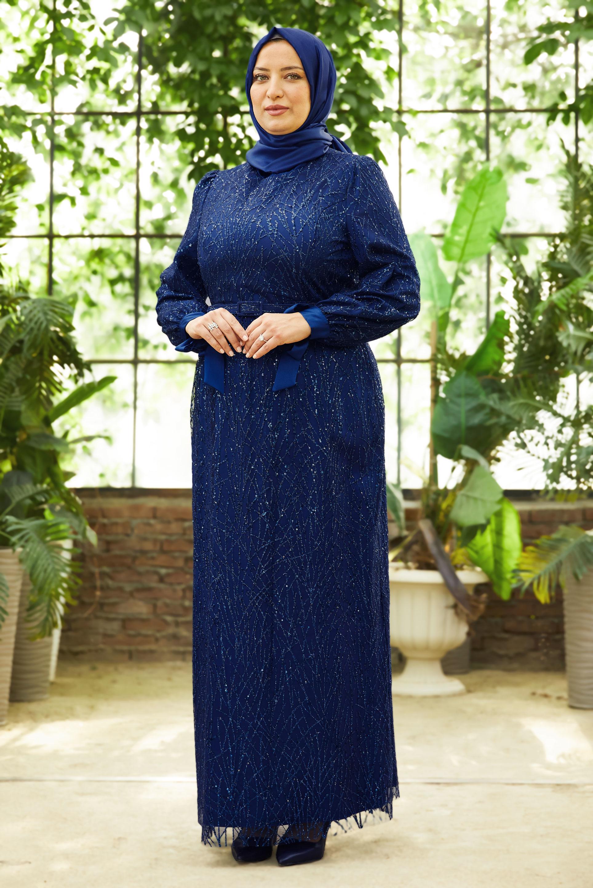 Vêtements hijab BLEU MARINE ROBE DE SOIRÉE CEINTURÉE 50442