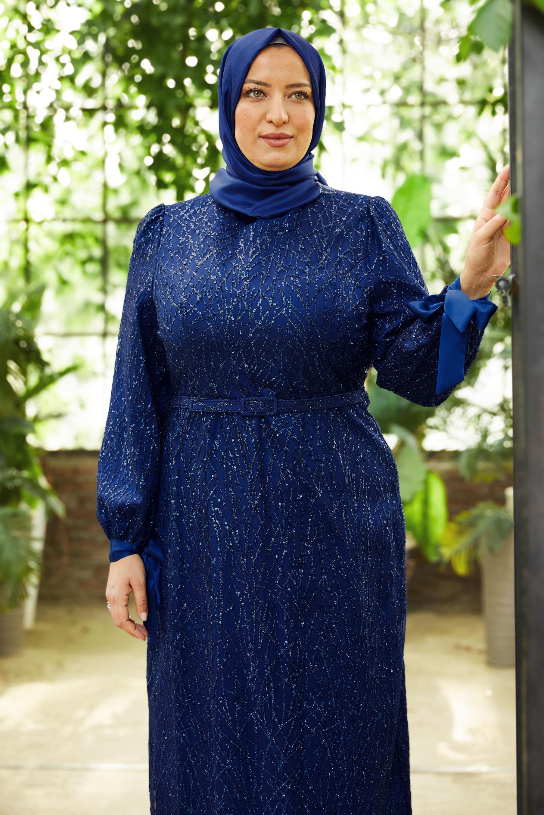 Vêtements hijab BLEU MARINE ROBE DE SOIRÉE CEINTURÉE 50442