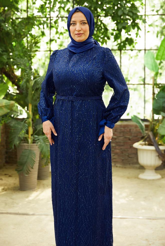 Vêtements hijab BLEU MARINE ROBE DE SOIRÉE CEINTURÉE 50442 - ALVİNA