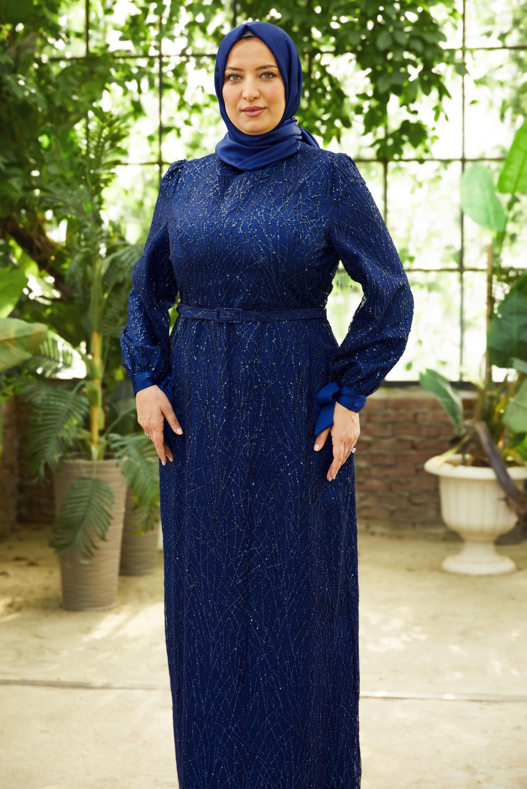 Vêtements hijab BLEU MARINE ROBE DE SOIRÉE CEINTURÉE 50442