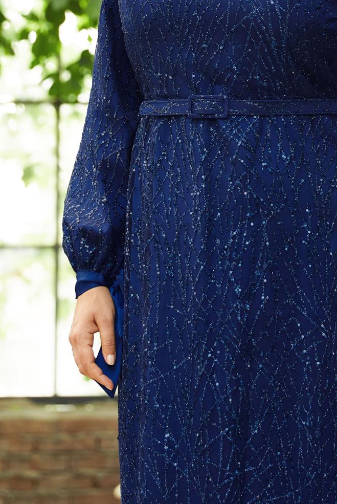Vêtements hijab BLEU MARINE ROBE DE SOIRÉE CEINTURÉE 50442 - ALVİNA