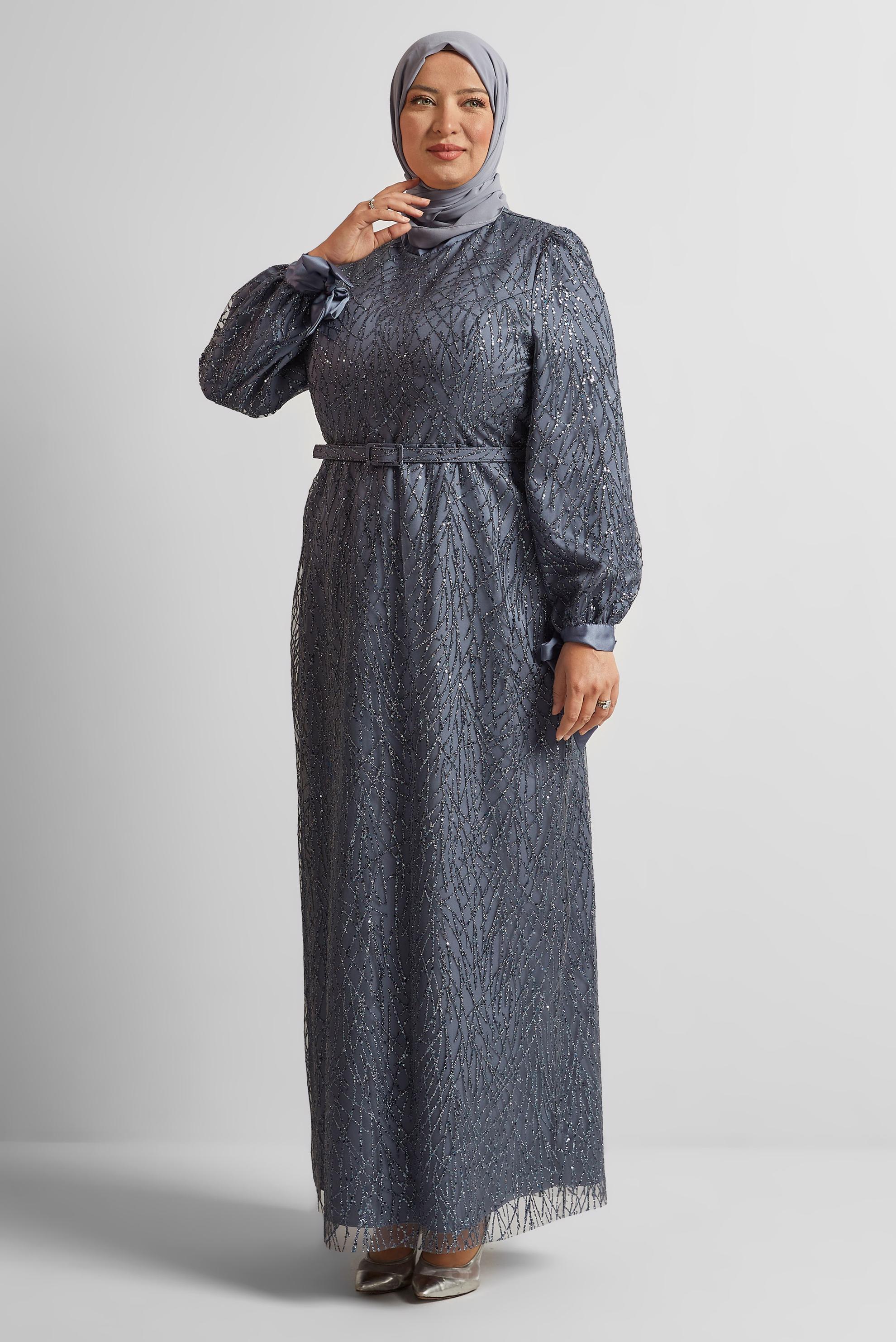 Vêtements hijab GRIS ROBE DE SOIRÉE CEINTURÉE 50442