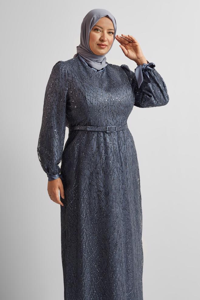 Vêtements hijab GRIS ROBE DE SOIRÉE CEINTURÉE 50442 - ALVİNA