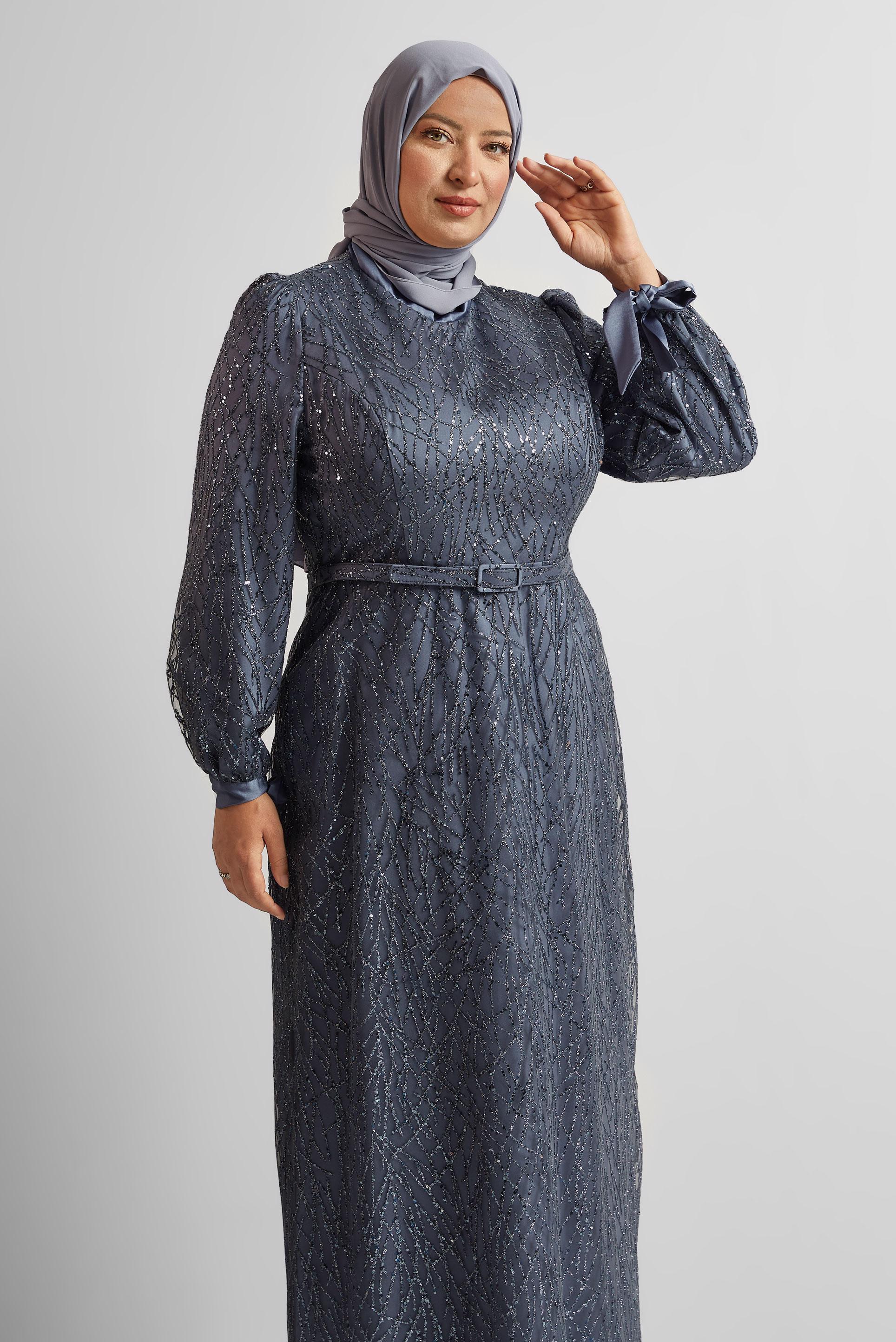 Vêtements hijab GRIS ROBE DE SOIRÉE CEINTURÉE 50442