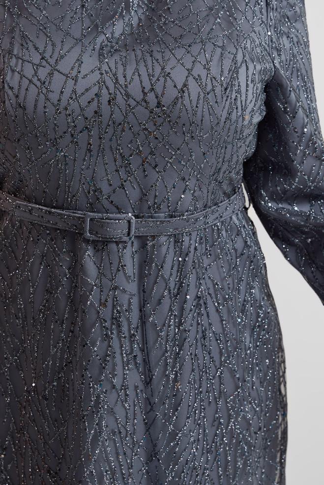 Vêtements hijab GRIS ROBE DE SOIRÉE CEINTURÉE 50442 - ALVİNA
