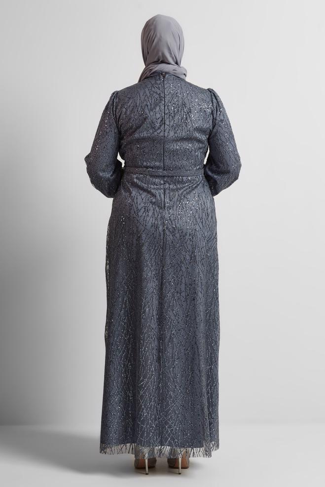 Vêtements hijab GRIS ROBE DE SOIRÉE CEINTURÉE 50442 - ALVİNA