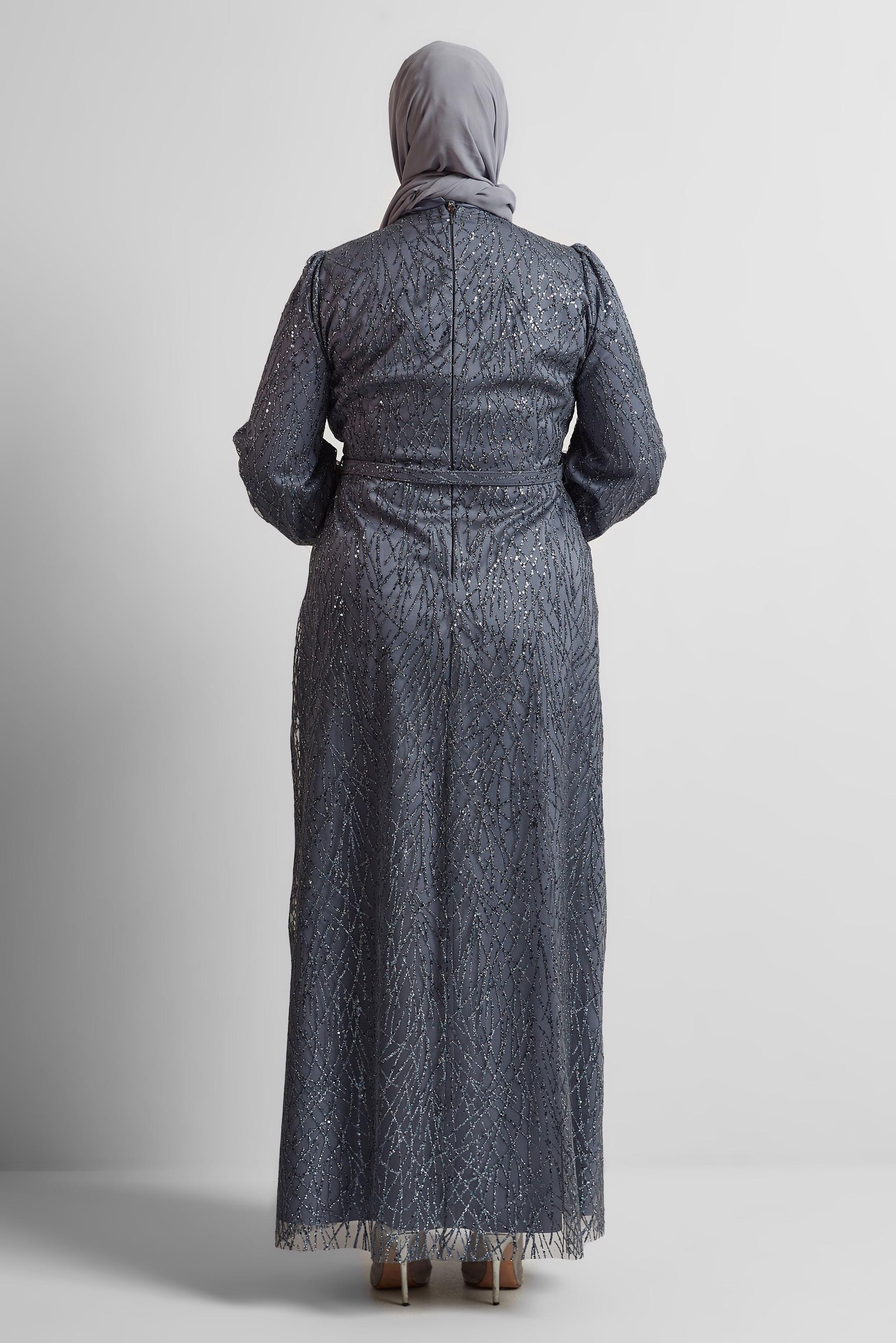 Vêtements hijab GRIS ROBE DE SOIRÉE CEINTURÉE 50442