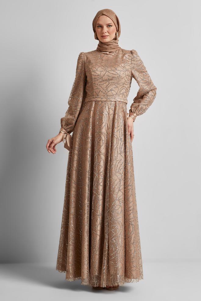 Tesettür giyim ALTIN SİMLİ ABİYE ELBİSE 50443 - ALVİNA