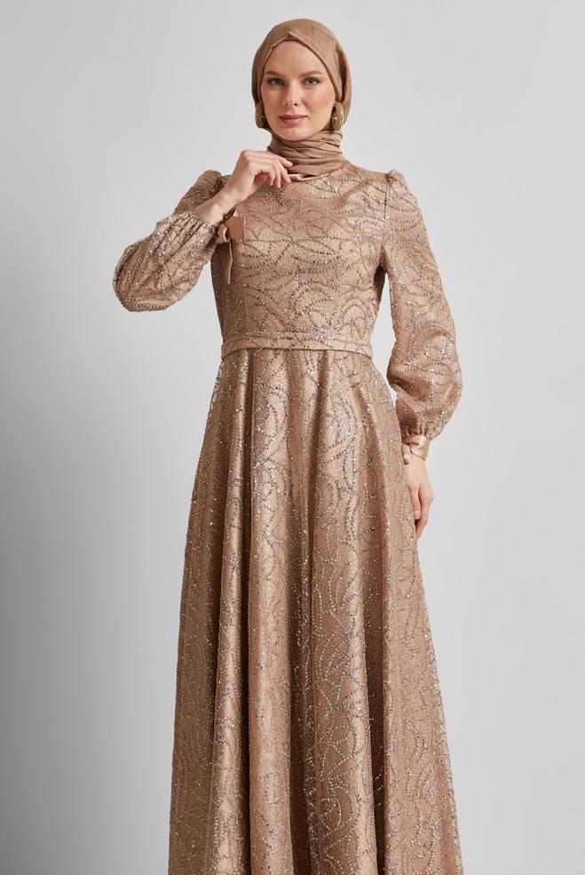 Tesettür giyim ALTIN SİMLİ ABİYE ELBİSE 50443 - ALVİNA