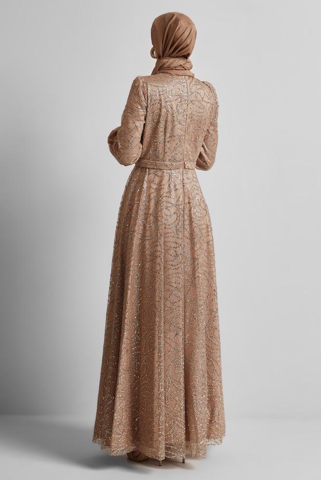 Tesettür giyim ALTIN SİMLİ ABİYE ELBİSE 50443 - ALVİNA