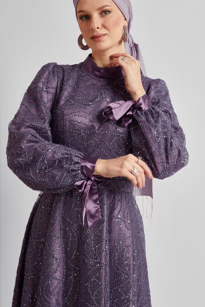 Tesettür giyim MOR SİMLİ ABİYE ELBİSE 50443 - ALVİNA