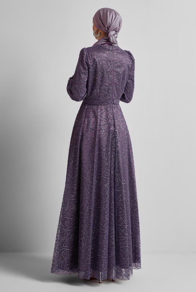 Tesettür giyim MOR SİMLİ ABİYE ELBİSE 50443 - ALVİNA