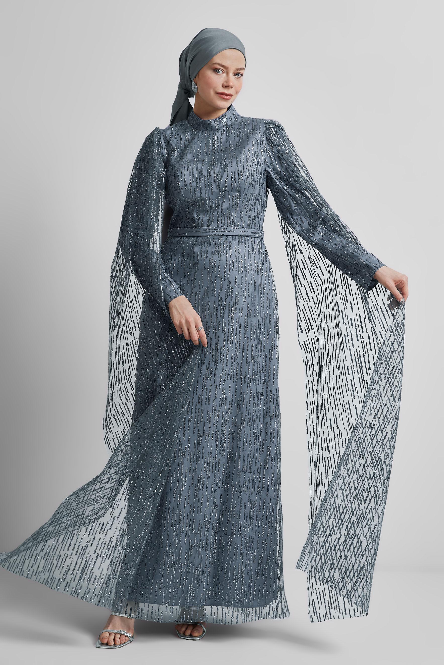 Tesettür giyim GRİ PUL PAYETLİ ABİYE ELBİSE 50446