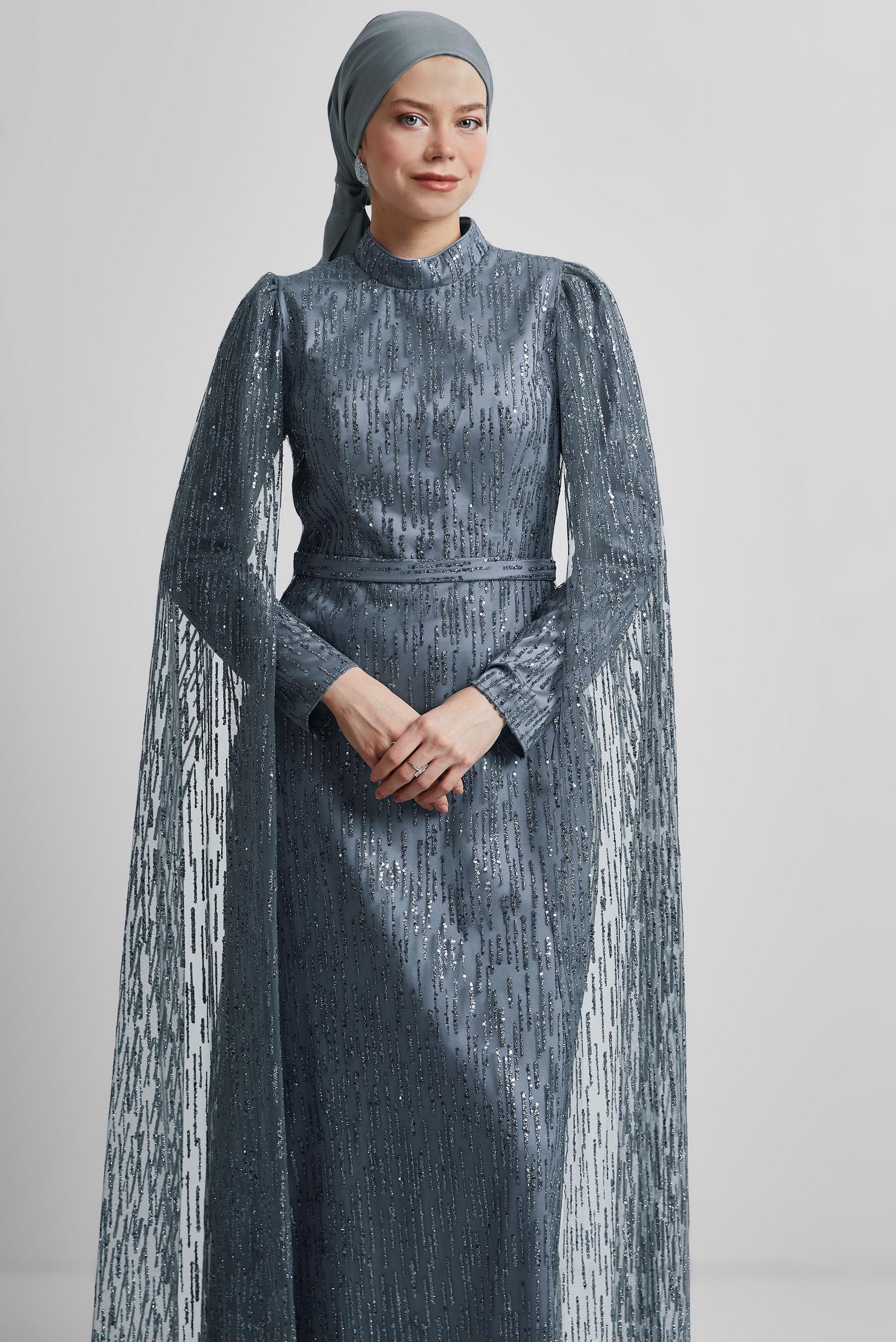 Tesettür giyim GRİ PUL PAYETLİ ABİYE ELBİSE 50446