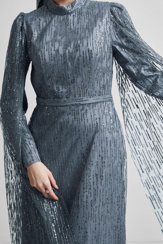 Hijab-Kleidung GRAU ABENDKLEID MIT PAILLETTEN 50446 - ALVİNA