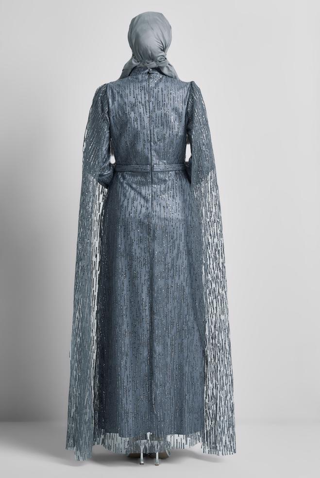 Hijab-Kleidung GRAU ABENDKLEID MIT PAILLETTEN 50446 - ALVİNA