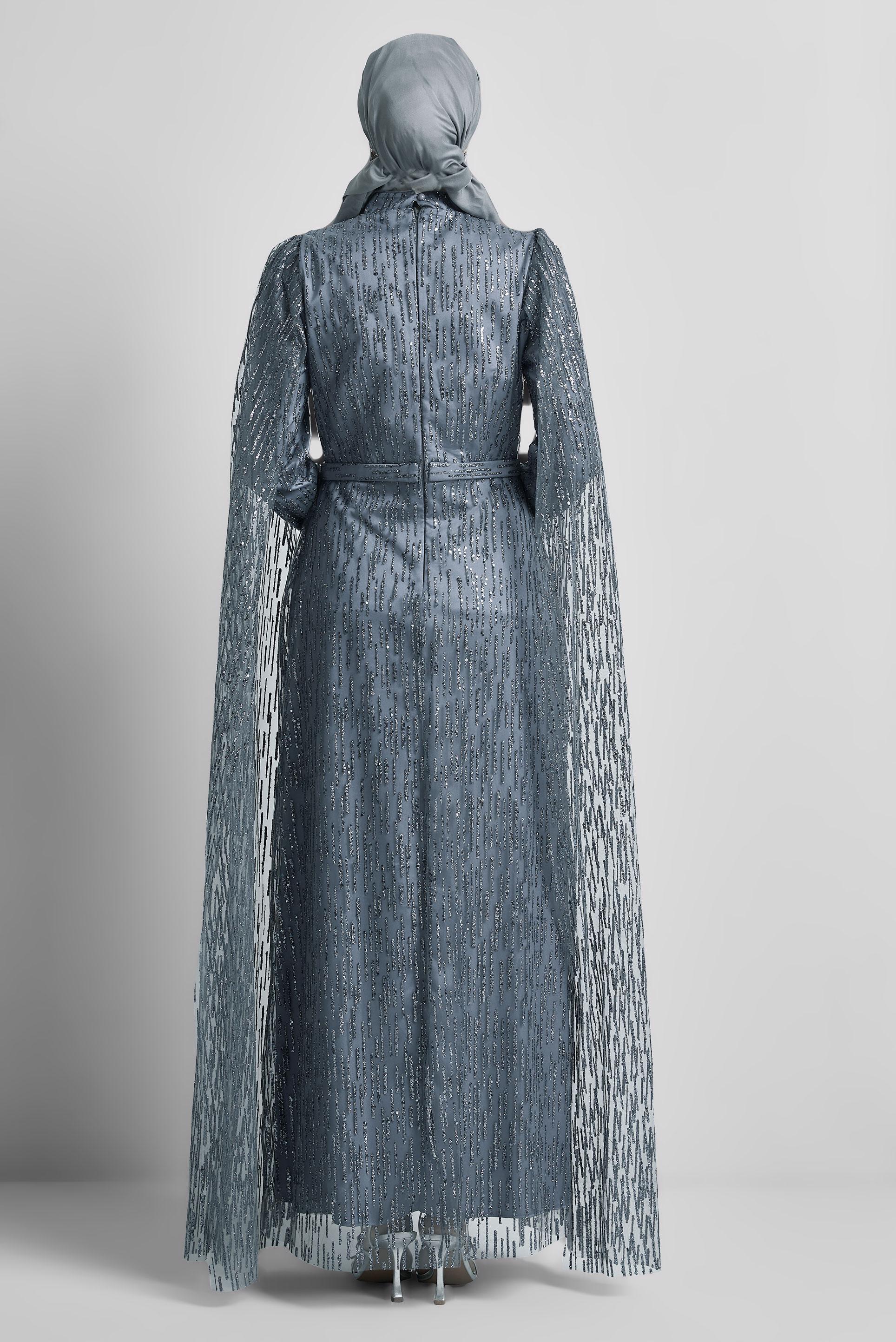 Tesettür giyim GRİ PUL PAYETLİ ABİYE ELBİSE 50446