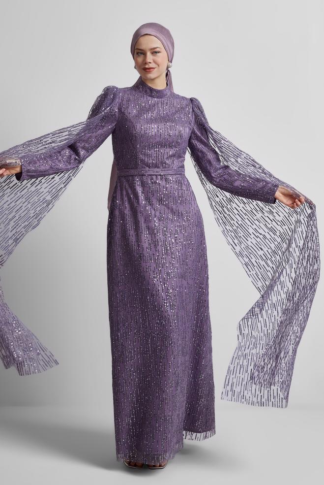Tesettür giyim MOR PUL PAYETLİ ABİYE ELBİSE 50446 - ALVİNA