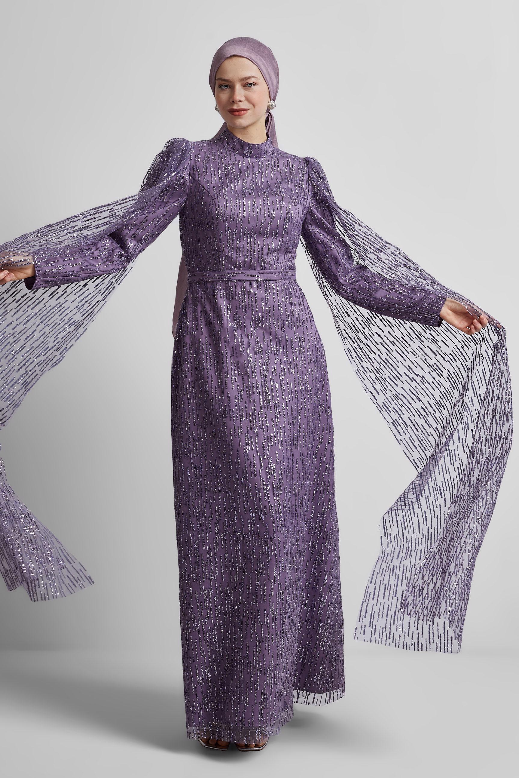 Tesettür giyim MOR PUL PAYETLİ ABİYE ELBİSE 50446