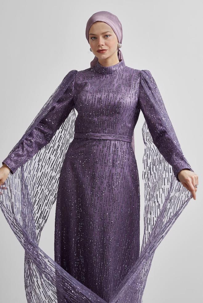 Tesettür giyim MOR PUL PAYETLİ ABİYE ELBİSE 50446 - ALVİNA
