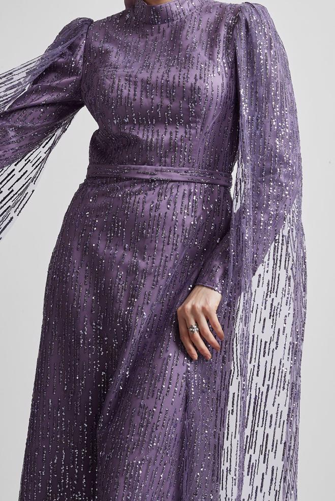 Tesettür giyim MOR PUL PAYETLİ ABİYE ELBİSE 50446 - ALVİNA