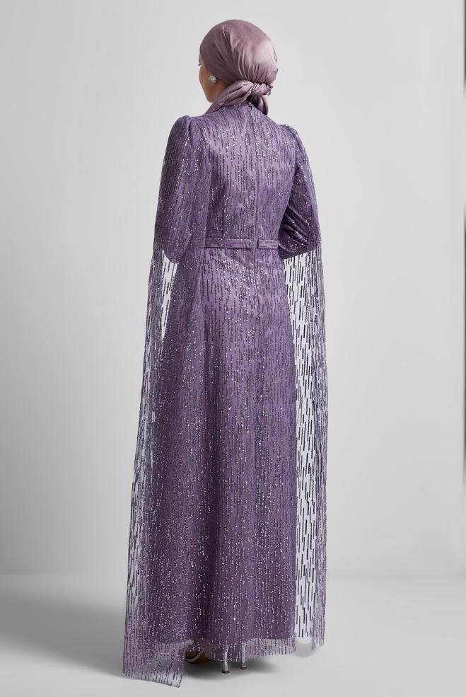 Tesettür giyim MOR PUL PAYETLİ ABİYE ELBİSE 50446 - ALVİNA