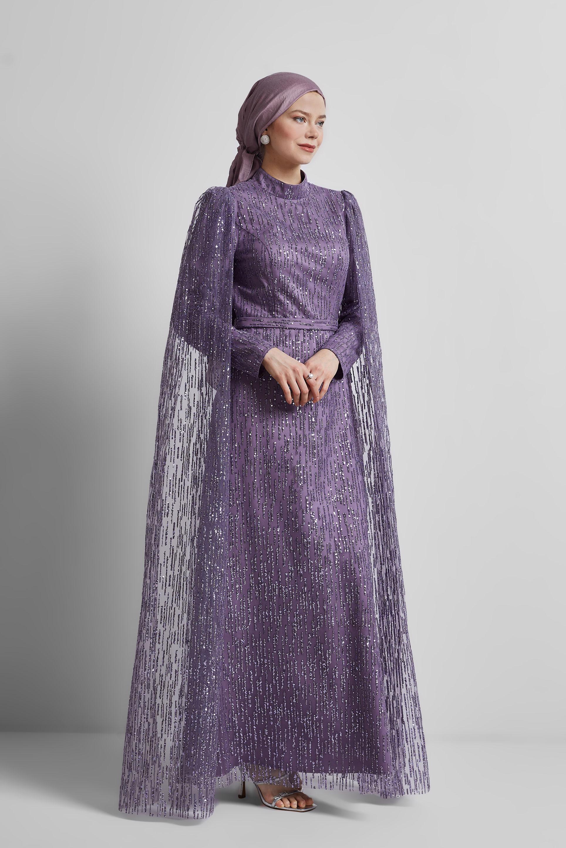 Tesettür giyim MOR PUL PAYETLİ ABİYE ELBİSE 50446