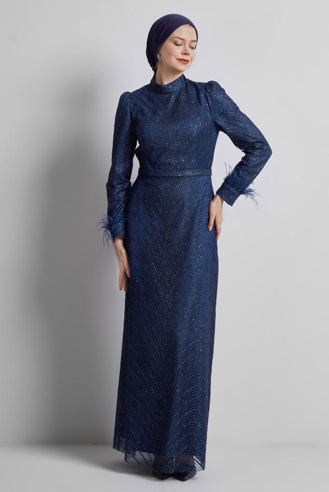 Tesettür giyim LACİVERT SİMLİ ABİYE ELBİSE 50449 - ALVİNA