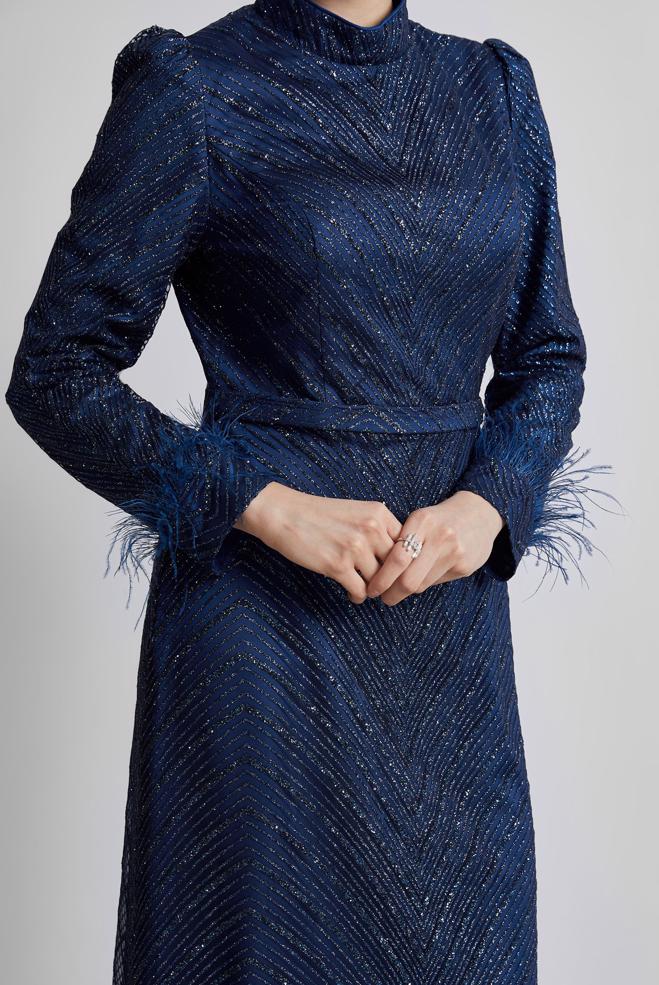 Tesettür giyim LACİVERT SİMLİ ABİYE ELBİSE 50449 - ALVİNA