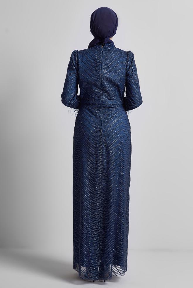 Tesettür giyim LACİVERT SİMLİ ABİYE ELBİSE 50449 - ALVİNA