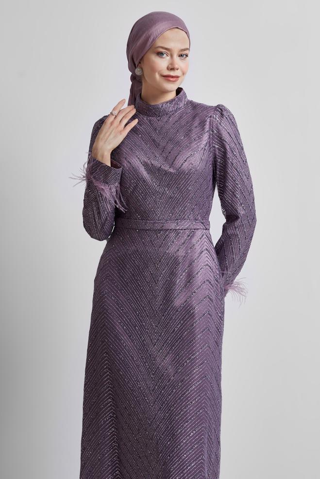 Tesettür giyim MOR SİMLİ ABİYE ELBİSE 50449 - ALVİNA