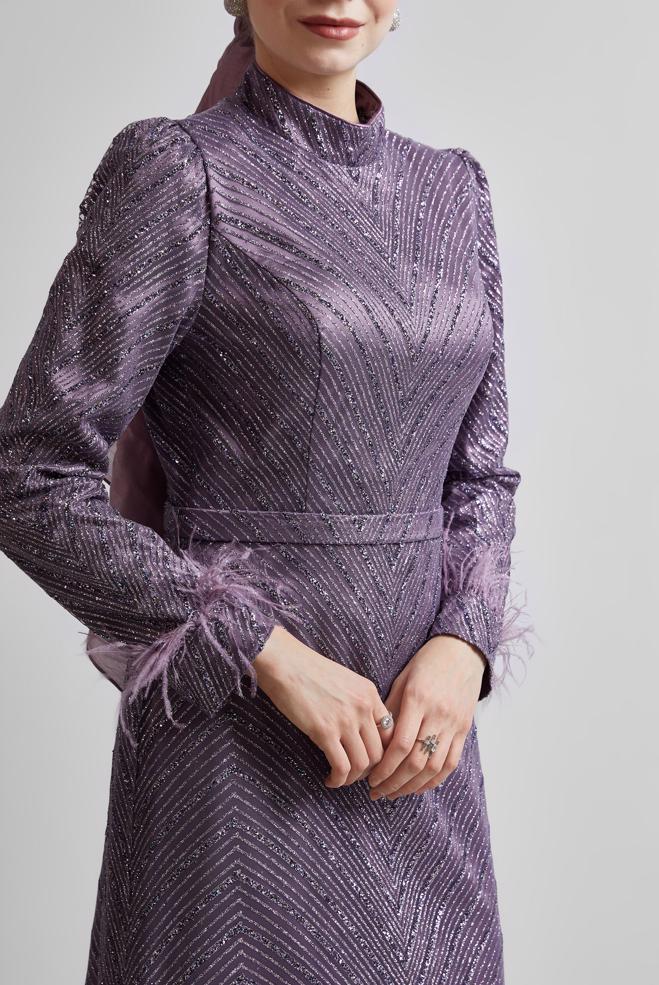 Tesettür giyim MOR SİMLİ ABİYE ELBİSE 50449 - ALVİNA