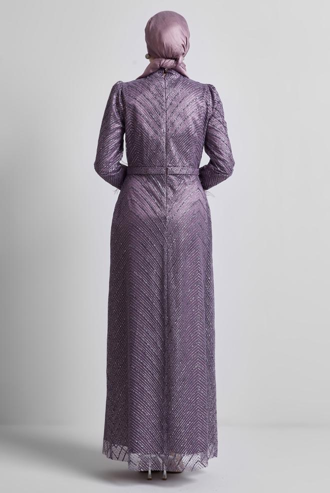 Tesettür giyim MOR SİMLİ ABİYE ELBİSE 50449 - ALVİNA