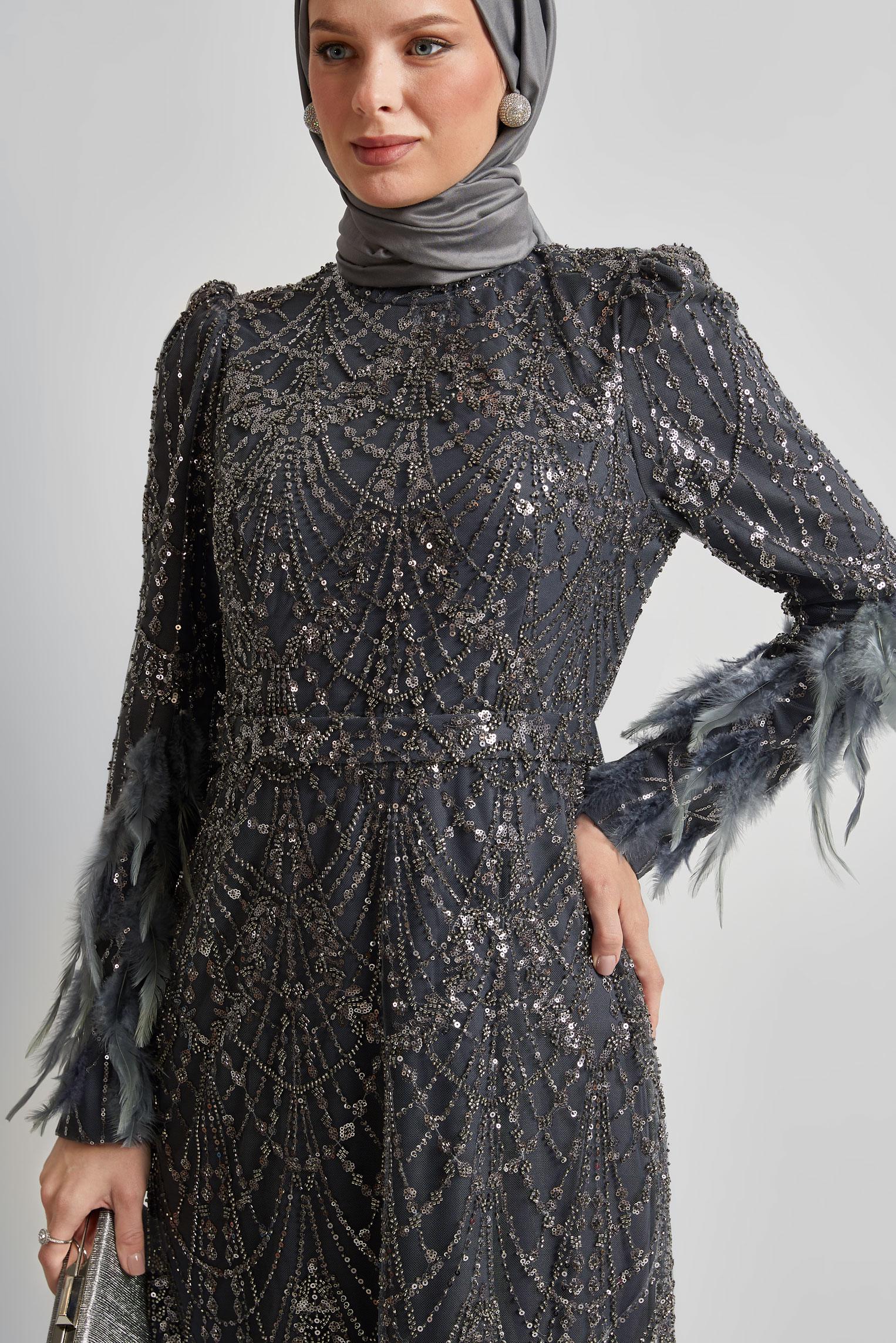 Tesettür giyim GRİ PUL PAYETLİ ABİYE ELBİSE 50501