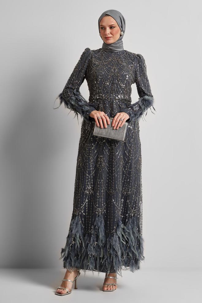 Tesettür giyim GRİ PUL PAYETLİ ABİYE ELBİSE 50501 - ALVİNA