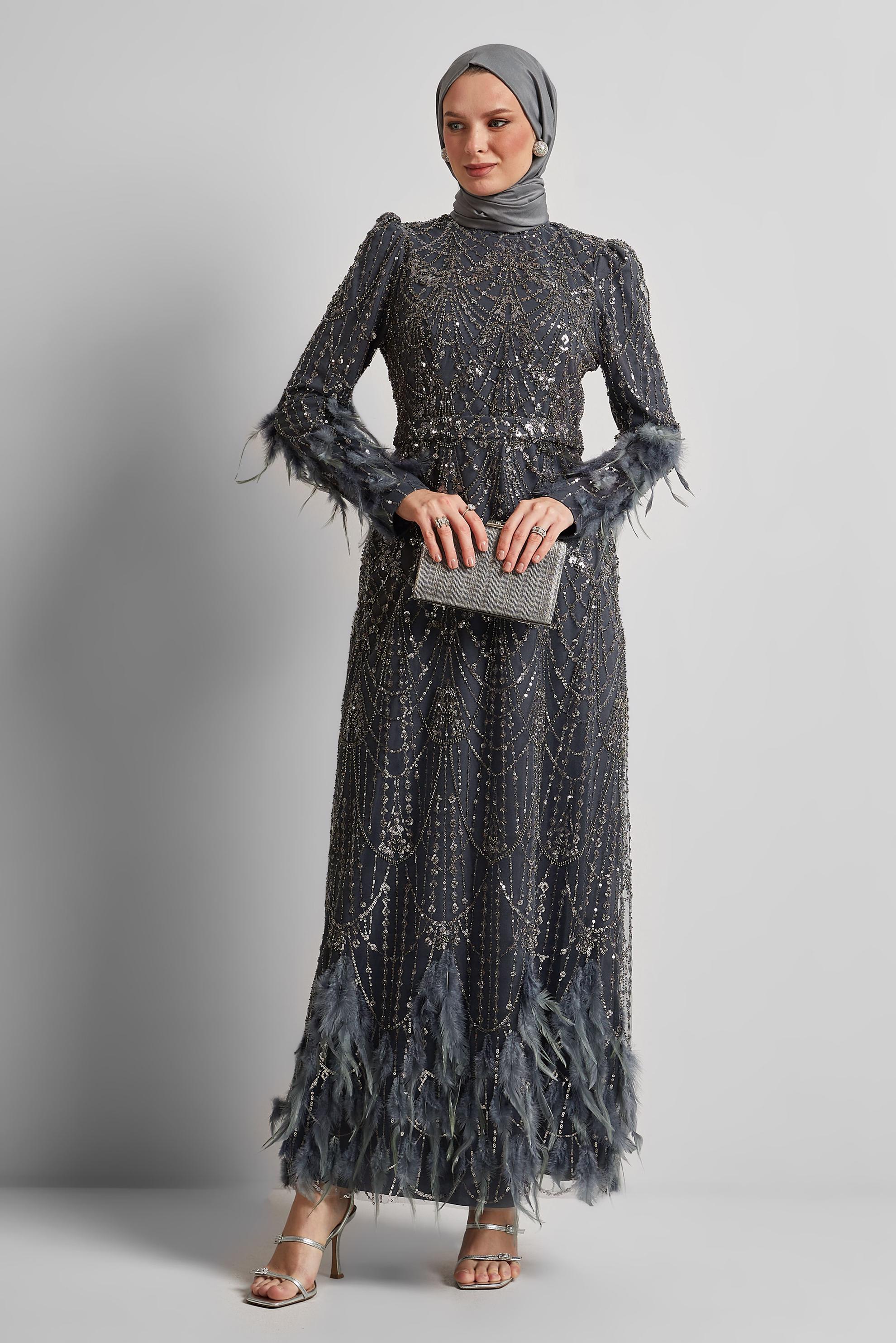 Tesettür giyim GRİ PUL PAYETLİ ABİYE ELBİSE 50501