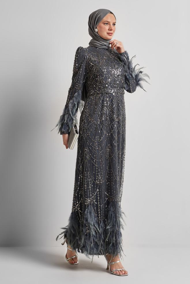 Tesettür giyim GRİ PUL PAYETLİ ABİYE ELBİSE 50501 - ALVİNA