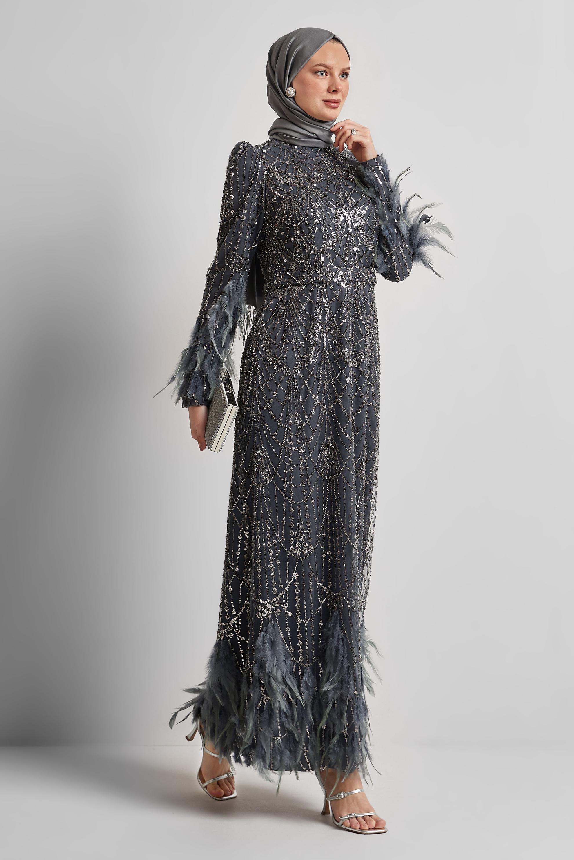 Tesettür giyim GRİ PUL PAYETLİ ABİYE ELBİSE 50501