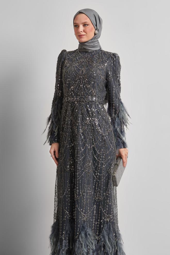 Tesettür giyim GRİ PUL PAYETLİ ABİYE ELBİSE 50501 - ALVİNA