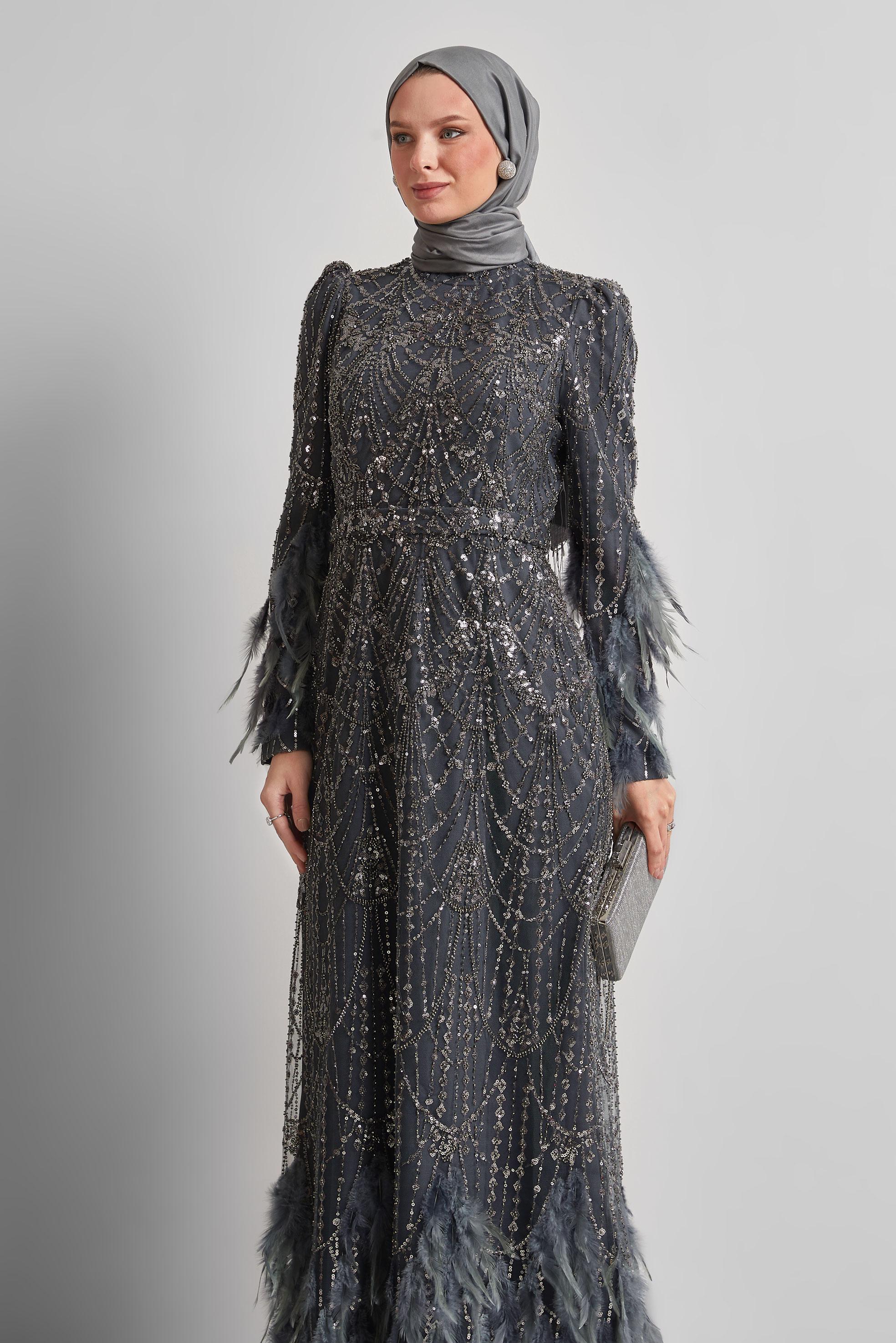 Tesettür giyim GRİ PUL PAYETLİ ABİYE ELBİSE 50501