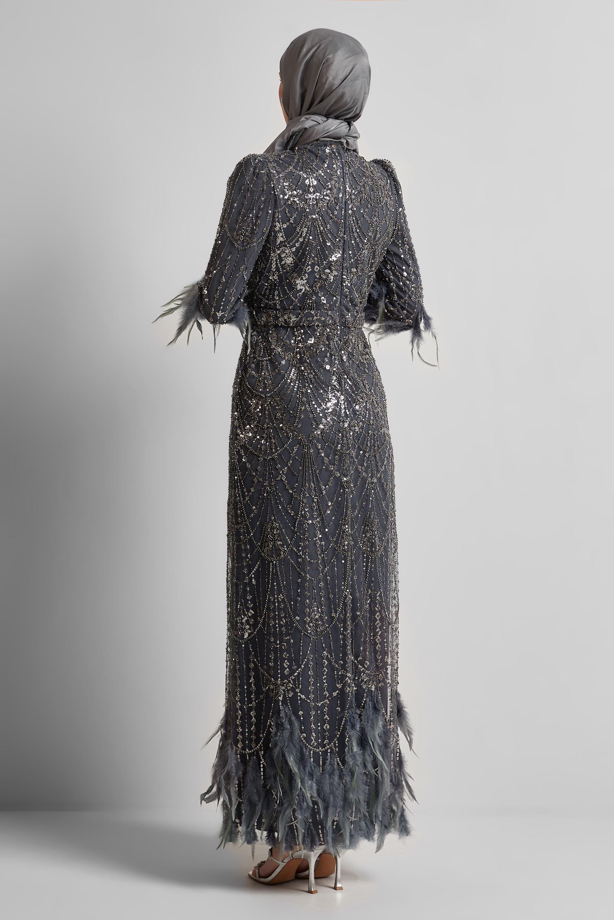 Tesettür giyim GRİ PUL PAYETLİ ABİYE ELBİSE 50501