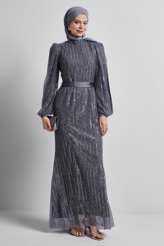 Vêtements hijab GRIS ROBE DE SOIRÉE À PAILLETTES 50502 - ALVİNA