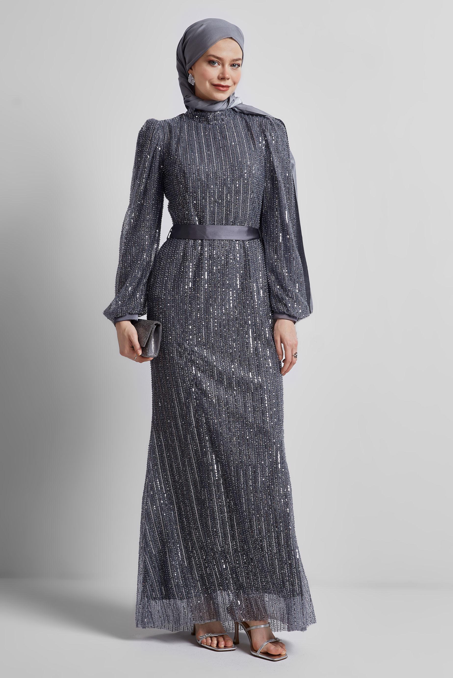 Vêtements hijab GRIS ROBE DE SOIRÉE À PAILLETTES 50502