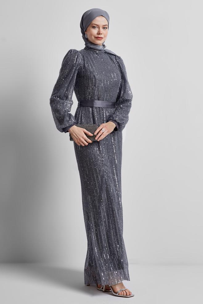 Vêtements hijab GRIS ROBE DE SOIRÉE À PAILLETTES 50502 - ALVİNA