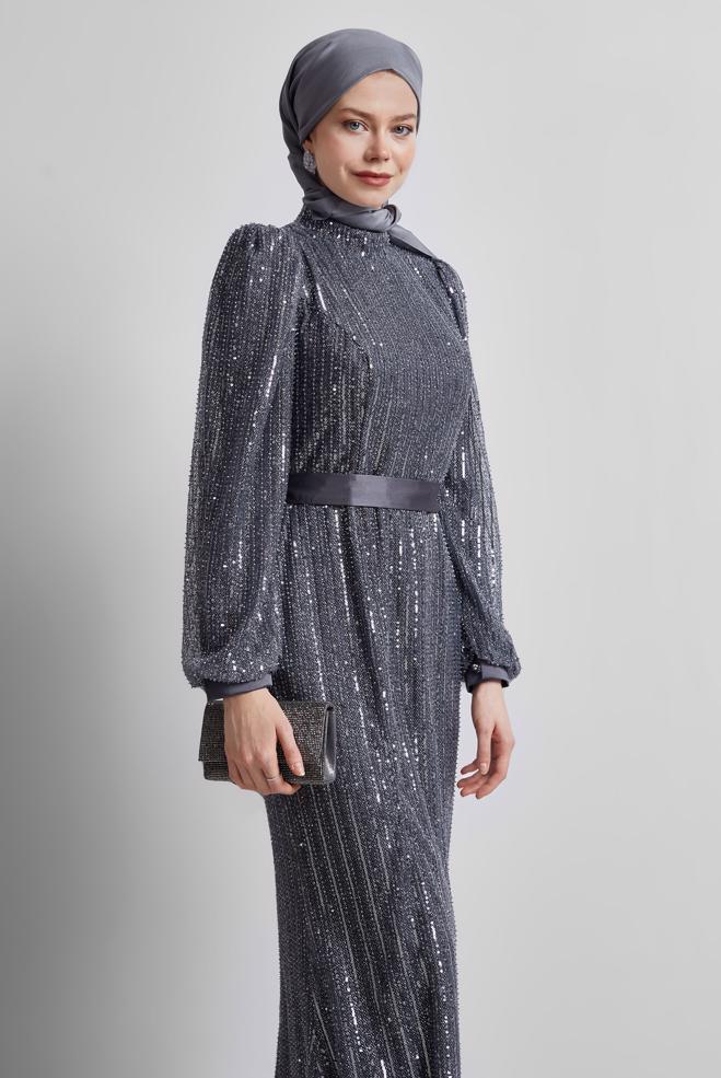 Vêtements hijab GRIS ROBE DE SOIRÉE À PAILLETTES 50502 - ALVİNA