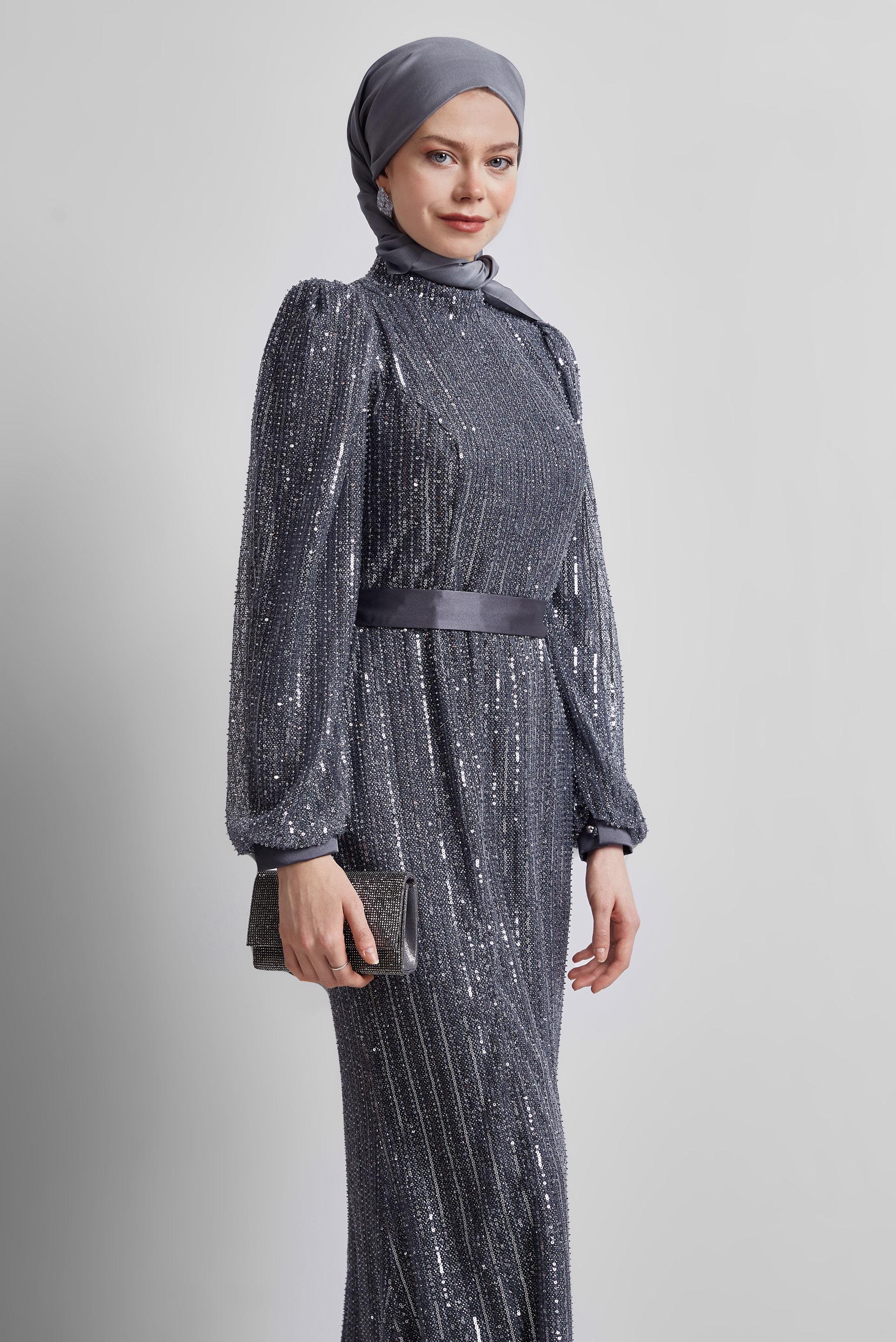 Vêtements hijab GRIS ROBE DE SOIRÉE À PAILLETTES 50502