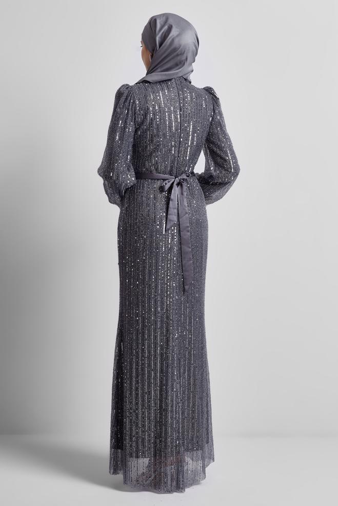 Vêtements hijab GRIS ROBE DE SOIRÉE À PAILLETTES 50502 - ALVİNA
