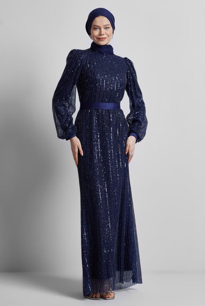 Vêtements hijab BLEU MARINE ROBE DE SOIRÉE À PAILLETTES 50502 - ALVİNA